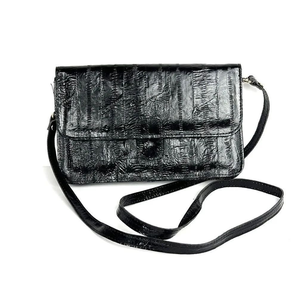 Vintage Real Eel Skin Black Clutch / Crossbody Bag with built-in Mirror